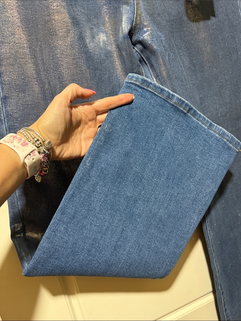 NWT Vibrant MIU Silver Foil Bootcut Jeans boutique foiled jeans 7/8 - Picture 6 of 10